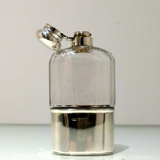 Early 20th Century Antique George V Sterling Silver & Glass Hip Flask London 1914/6 maker PWG