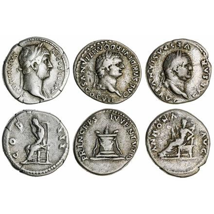 A triple set of AR Denari Roman Empire coins (Vespasian, Domitian & Hadrian), AD69-128
