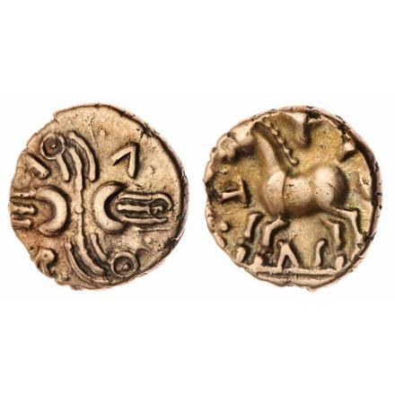 Trinovantes and Catuvellauni, Tasciovanus (25 BC- AD 10), AV Quarter Stater, VERO, crossed wreath, rev. TAS, VF