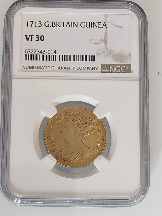 1713 Queen Anne Great Britain London Solid Gold Full Guinea, NGC Graded VF30